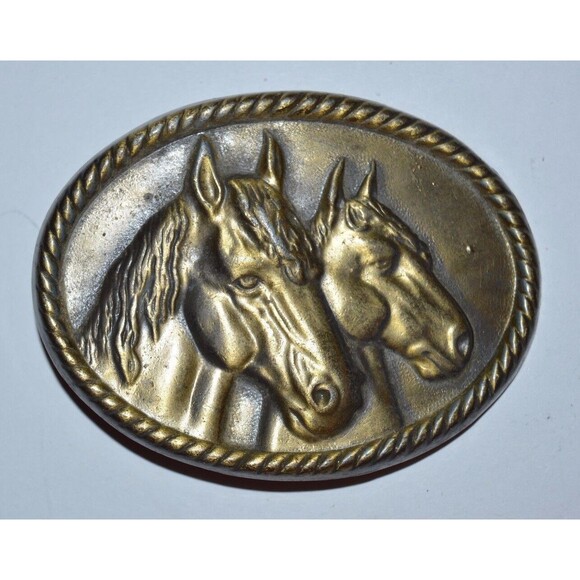 vintage Other - Vintage Equestrain Two Horses Roped Edge Western Brass Tone Belt Buckle Rare